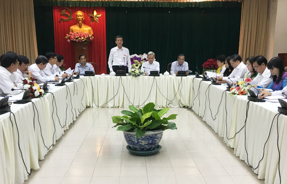 Đồng chí Đinh Quốc Thái, Phó bí thư Tỉnh ủy, Chủ tịch UBND tỉnh phát biểu tại cuộc họp.