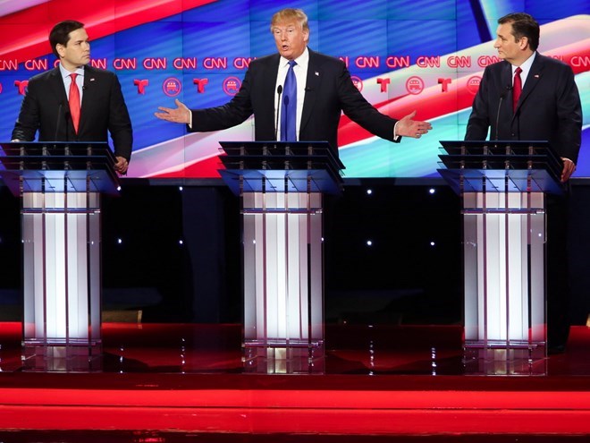 Hai ứng cử viên Ted Cruz (phải) và Marco Rubio (trái) từng hợp lực công kích Donald Trump trong đợt tranh luận trước. (Nguồn: Getty)