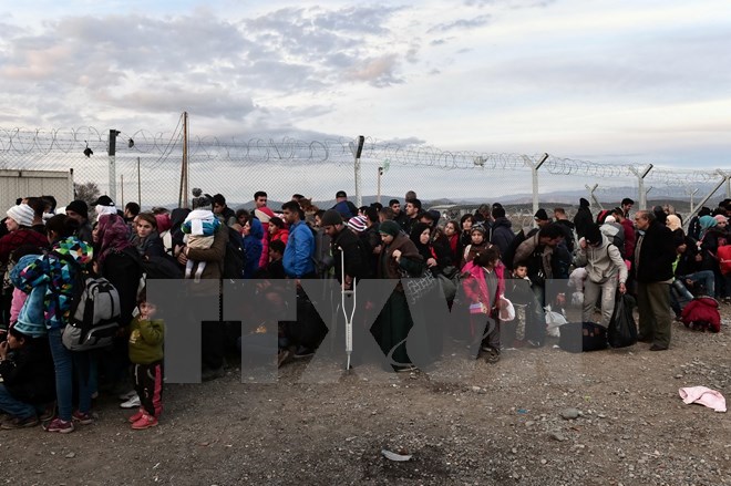 Người tị nạn Syria và Iraq bị mắc kẹt tại khu vực biên giới Hy Lạp- Macedonia ngày 27/2. (Ảnh: AFP/TTXVN)