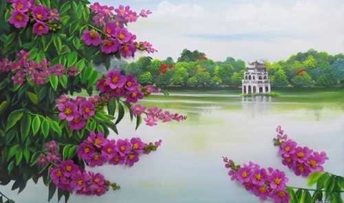 A 3D painting featuring lagerstroemia at Guom Lake, Hanoi, made of oil paint and clay by artist Huong Thuy