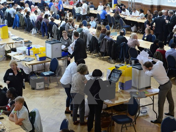 Cơ quan chức năng kiểm phiếu trưng cầu ý dân ở London ngày 24/6. (Nguồn: EPA/TTXVN)