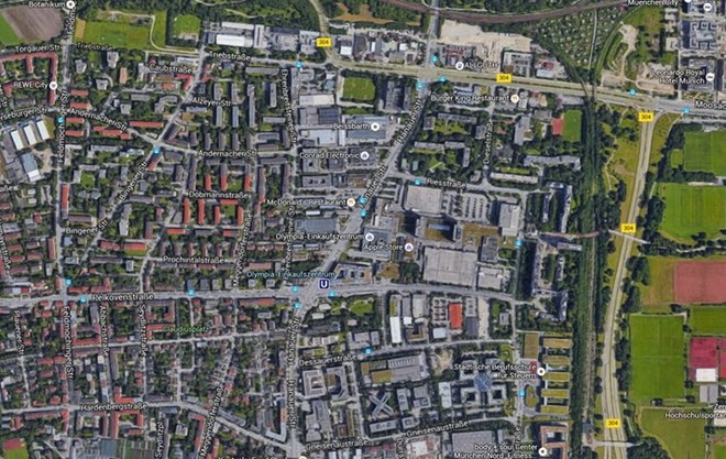 Định vị vệ tinh trung tâm mua sắm Olympia gần nhà ga trung tâm Munich. (Nguồn: Google Maps)