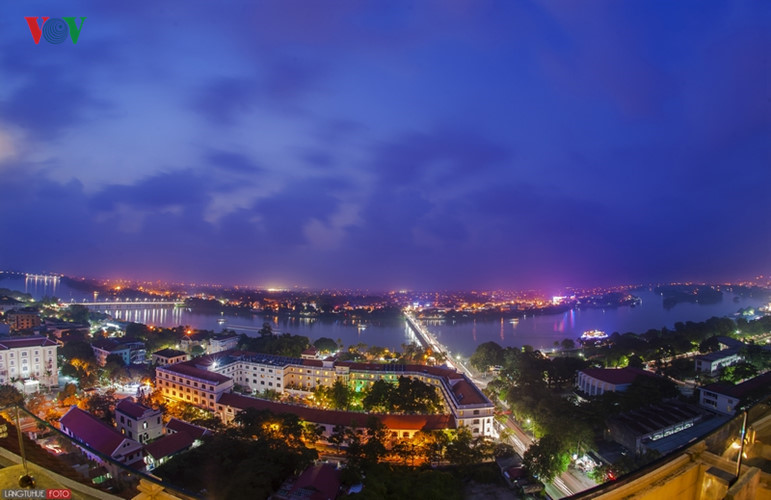 Truong Tien Bridge in the evening from the highest point in Hue City.