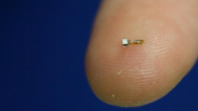 A dust-sized wireless sensor that makes it possible to wirelessly monitor neural activity in real time when implanted inside the body, is shown on a finger in this handout photo