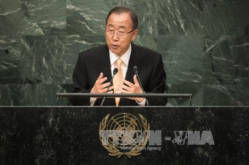 TTK LHQ Ban Ki-moon phát biểu tại phiên họp Đại hội đồng LHQ ở New York, Mỹ ngày 20/9. Ảnh: AFP/TTXVN