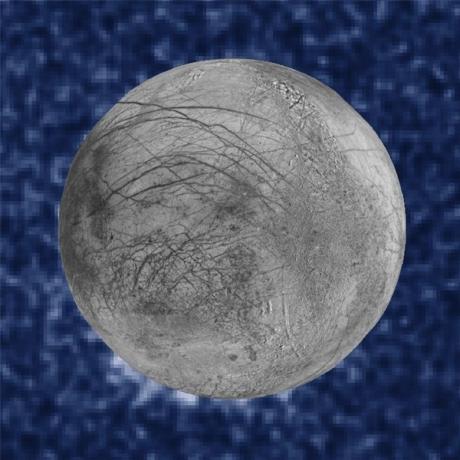 A composite image shows suspected plumes of water vapor erupting at the seven o'clock position off the limb of Jupiter's moon Europa in a NASA Hubble Space Telescope picture taken January 26, 2014 and released September 26, 2016.