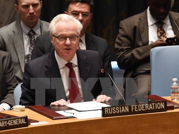 Đại sứ Nga tại Liên hợp quốc Vitaly Churkin phát biểu trong phiên họp Hội đồng bảo an Liên hợp quốc ở Mỹ ngày 2/5. (Nguồn: AFP/TTXVN)