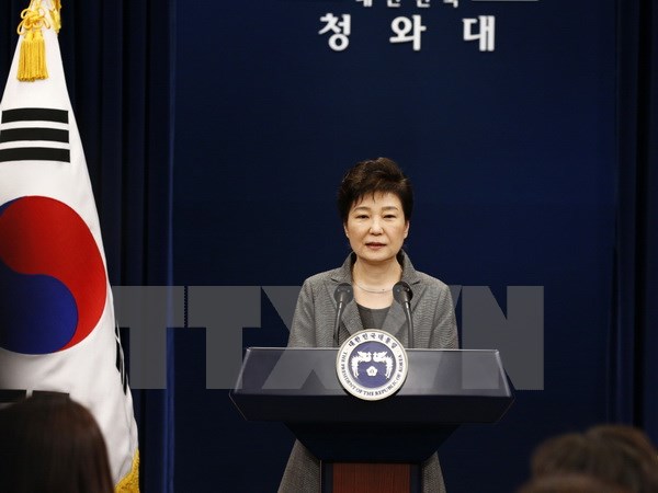 Tổng thống Hàn Quốc Park Geun-hye trong bài phát biểu tại thủ đô Seoul. (Nguồn: AFP/TTXVN)