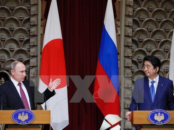 Tổng thống Nga Vladimir Putin (trái) và Thủ tướng Nhật Bản Shinzo Abe (phải) trong cuộc họp báo ở Tokyo ngày 16/12. (Nguồn: AP/TTXVN)