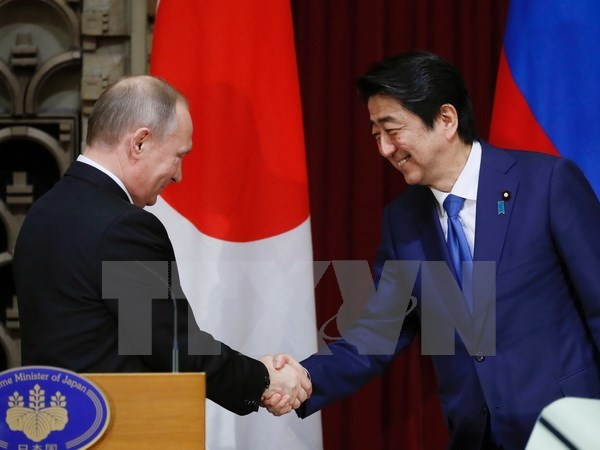 Tổng thống Nga Vladimir Putin (trái) và Thủ tướng Nhật Bản Shinzo Abe (phải) trong cuộc họp báo ở Tokyo ngày 16/12. (Nguồn: AFP/TTXVN)