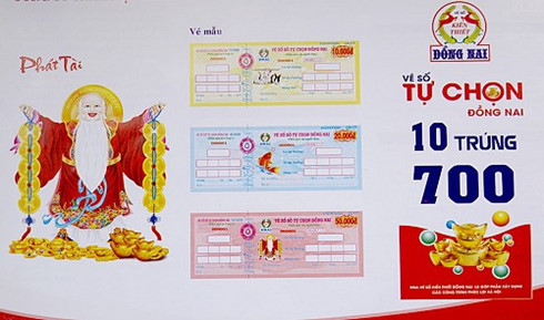 Three sample write-in lottery tickets featured on a promotional poster for the Dong Nai Lottery Company.