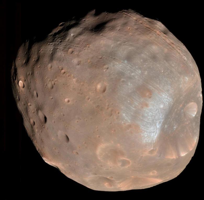 Phobos, the largest of Mar's two moons, taken by the high resolution Imaging Science Experiment (HiRISE) camera on NASA's Mars Reconnaissance Orbiter is shown in this April 9, 2008 image provided by NASA March 2, 2107.