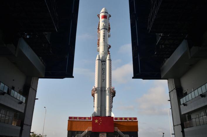  Long March-7 rocket and Tianzhou-1 cargo spacecraft are seen as they are transferred to a launching spot in Wenchang, Hainan province, China, April 17, 2017.