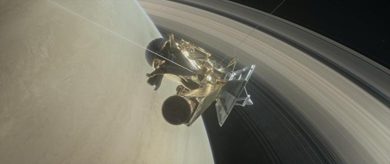 This illustration of NASA's Cassini spacecraft about to make one of its dives between Saturn and its innermost rings as part of the mission's grand finale. 