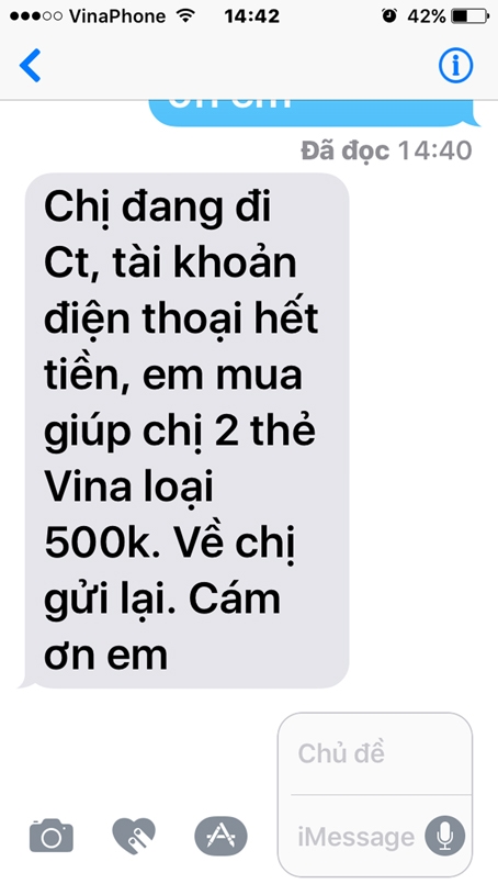 Tin nhắn nhờ nạp card từ điện thoại của “sếp” Th. khiến chị Uyên mất 1 triệu đồng.