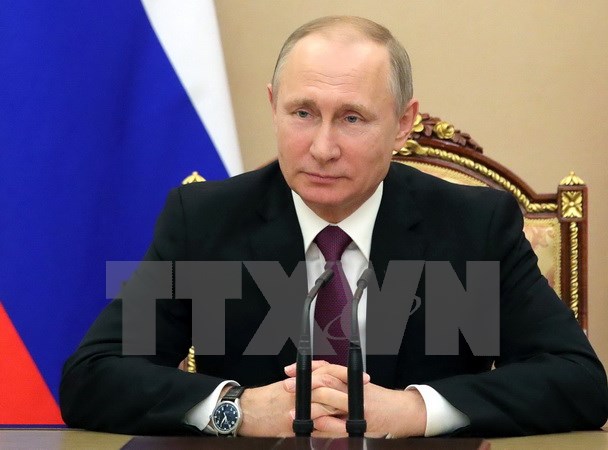 Tổng thống Nga Vladimir Putin chủ trì cuộc họp Hội đồng An ninh Nga tại Moskva ngày 10/5. (Nguồn: AFP/TTXVN)