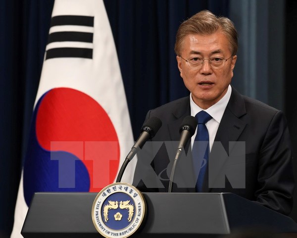 Tân Tổng thống Hàn Quốc Moon Jae-in tại cuộc họp báo ở Seoul ngày 10/5. (Nguồn: EPA/TTXVN)