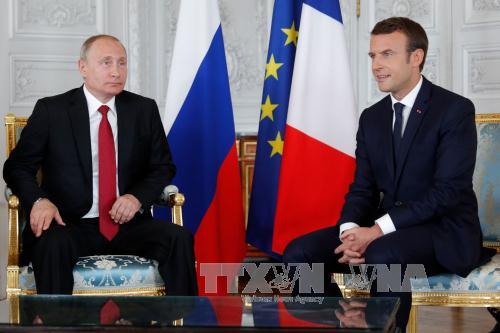 Tổng thống Emmanuel Macron (phải) và Tổng thống Putin (trái) tại cuộc gặp ở ngoại ô Paris. AFP/TTXVN