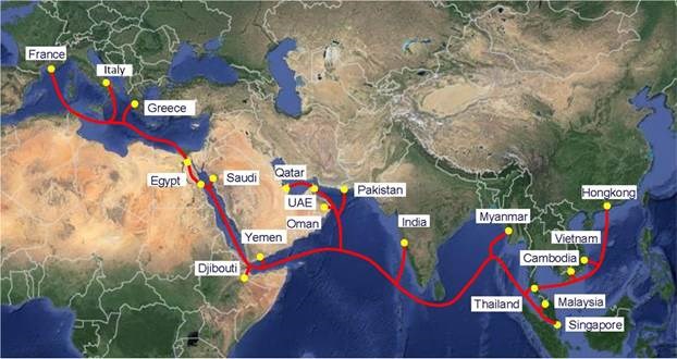 AAE-1 cable system's connecting points. The VNPT plans to offer internet service via AAE-1 submarine cable system in July. 