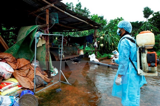 A health worker sprays mosquito repellent in an effort to control dengue outbreak. (Photo: VNA)