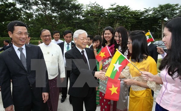 Party General Secretary Nguyen Phu Trong visits MyTel headquarters in Yangon, Myanmar.