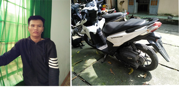 Nguyễn Đức Cảnh và chiếc xe máy không có biển số đối tượng khai đã lấy trộm của một người say rượu ở phường Thống Nhất (TP.Biên Hòa).