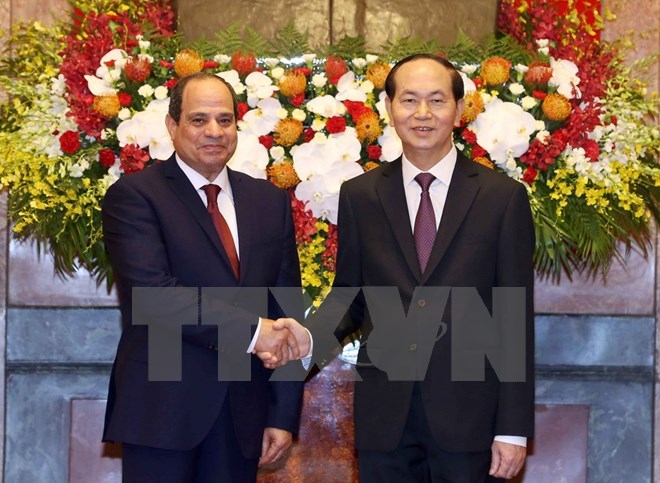 Egyptian President Abdel Fattah el-Sisi (L) meets President Tran Dai Quang. His visit to Vietnam laid a foundation for developing bilateral cooperation in politics, economy, culture, education, security and counter-terrorism.