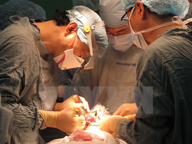 Bác sỹ Nagato Natsume (bên trái) khi tiến hành phẫu thuật cho một bệnh nhân Việt Nam. (Ảnh: Trần Thị Thu Hiền/TTXVN)