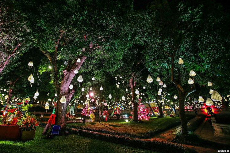 Trees are adorned with hanging lanterns creating beautiful,  atmospheric lighting.