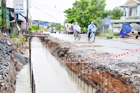 Công trình xây dựng hệ thống thoát nước dọc đường Hùng Vương thuộc xã Long Thọ (huyện Nhơn Trạch) chỉ rào chắn sơ sài (ảnh chụp chiều ngày 9-10). Ảnh: V.Chính