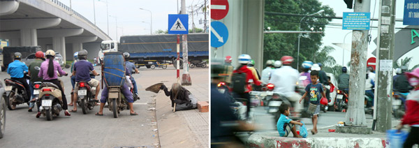 Trong khi đó, nút giao ngã tư Amata lại thường xuyên có những trẻ em, người già ăn xin hoạt động vào giờ cao điểm, có đông phương tiện giao thông.