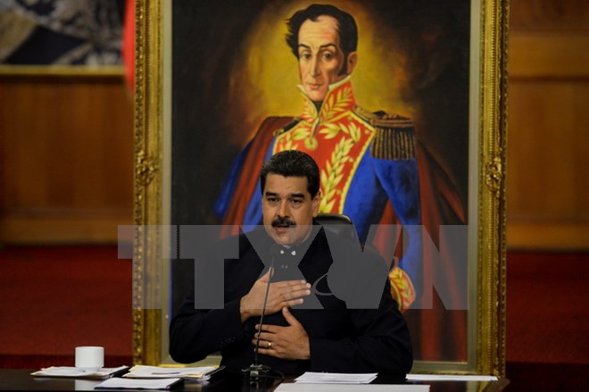 Tổng thống Venezuela Nicolas Maduro phát biểu trong cuộc họp báo tại Caracas. (Nguồn: AFP/TTXVN)