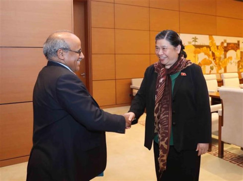 National Assembly (NA) Chairwoman Tong Thi Phong shakes hands with UNICEF Representative in Vietnam Youssouf Abdel-Jelil