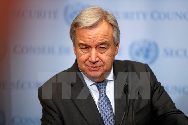 Tổng Thư ký Liên hợp quốc Antonio Guterres trong cuộc họp báo tại New York, Mỹ ngày 18/10. (Nguồn: THX/TTXVN)