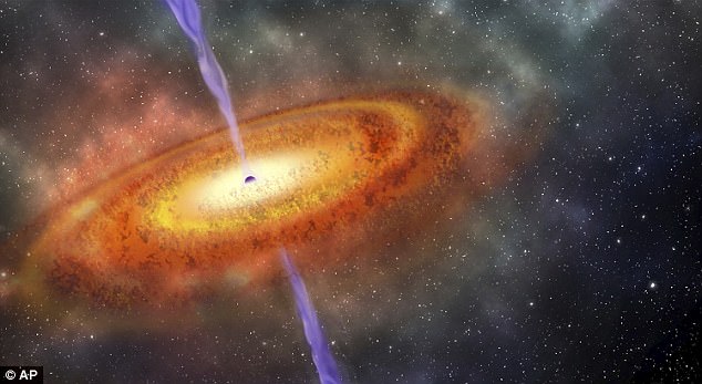 Artist's conception of the most-distant supermassive black hole ever discovered, which is part of a quasar from just 690 million years after the Big Bang is shown in this illustration released on December 6, 2017.