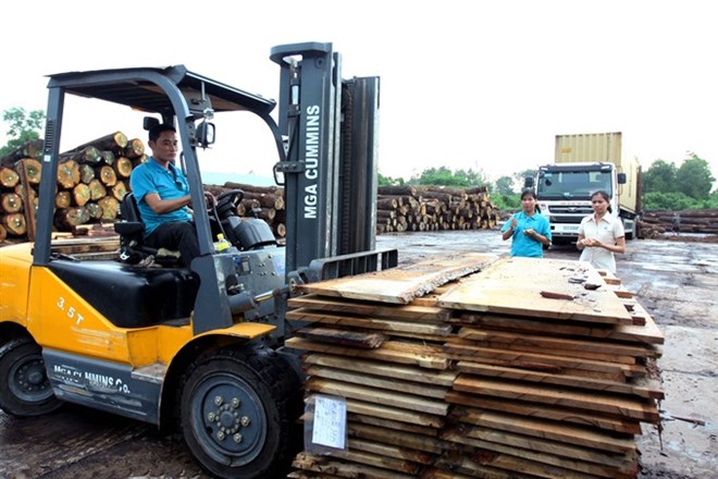 Worker transport wooden planks at the Tavico Timber Jsc in southern ​Dong Nai province (Photo: VNA)