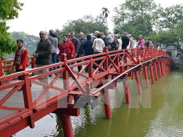 Visitors visit Ngoc Son temple in Hanoi