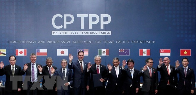 Minister of Industry and Trade Tran Tuan Anh (R) and representatives from 10 member states of CPTPP at the signing ceremony of the deal (Source: VNA)