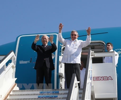 General Secretary of the Communist Party of Vietnam Nguyen Phu Trong (L) and First Secretary of the Communist Party of Cuba (PCC) Central Committee and President of the Councils of State and Ministers of Cuba Raul Castro leaves Havana for Santiago de Cuba