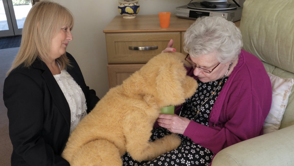 Care home manager Deanna Barnes introduces Katrina Brooke, aged 73, to Biscuit the robotic dog at Templeman House Residential and Dementia Care Home in Bournemouth, Britain, April 5, 2018. Biscuit was brought in to help reduce stress and anxiety among residents, and to spark memories and conversations with care providers. Picture taken April 5, 2018.