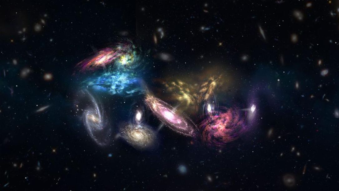 An artist's impression of the 14 galaxies detected by ALMA (Atacama large Millimter/submillimeter Array) telescopess as they appear in the very early, very distant universe, in this illustration released April 25, 2018