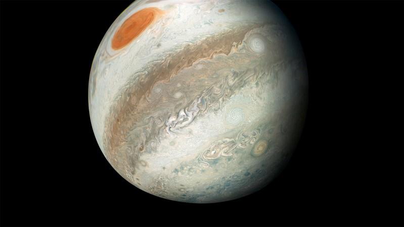 A color-enhanced image of Jupiter which was captured by NASA's Juno spacecraft on the outbound leg of its 12th close flyby of the gas giant planet on April 1, 2018. Image captured on April 1, 2018.