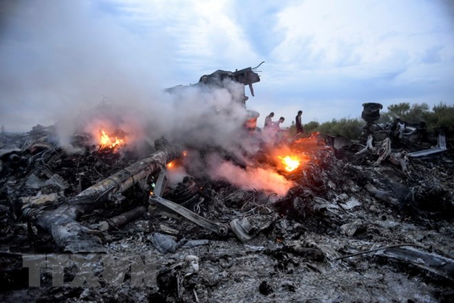 Hiện trường vụ rơi máy bay MH17 ở gần Donetsk, Ukraine ngày 17/7/2014. (Nguồn: EPA/TTXVN)