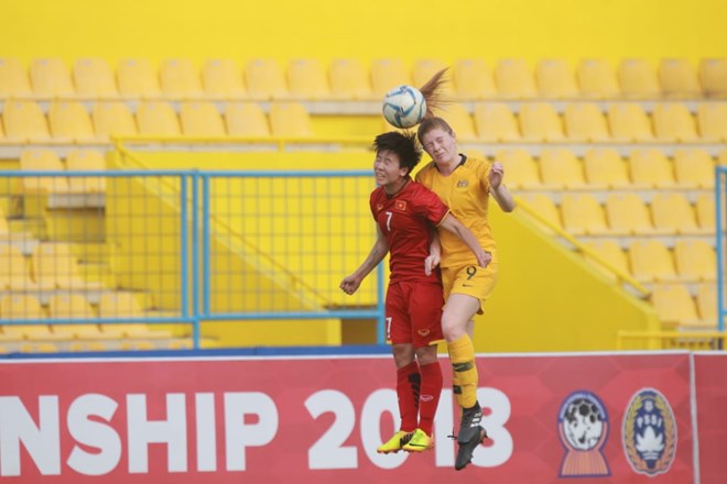 Tuyet Dung (in red) scores two goals for Vietnam in the match against Australia's U20 team (Photo: VFF)