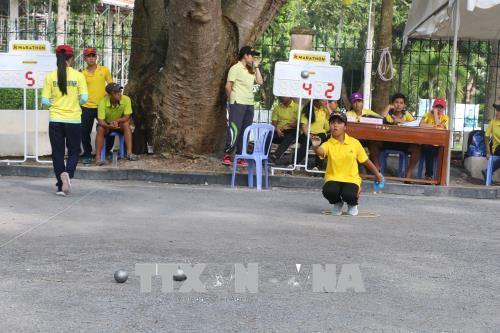 Thi đấu đơn nữ giữa Đồng Nai và Đồng Tháp tại Giải Petanque Vô địch trẻ, thiếu niên toàn quốc năm 2018. 
