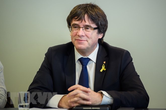 Cựu Thủ hiến vùng tự trị Catalonia Carles Puigdemont trong một cuộc họp tại Berlin, Đức ngày 18-4. (Nguồn: AFP/TTXVN)