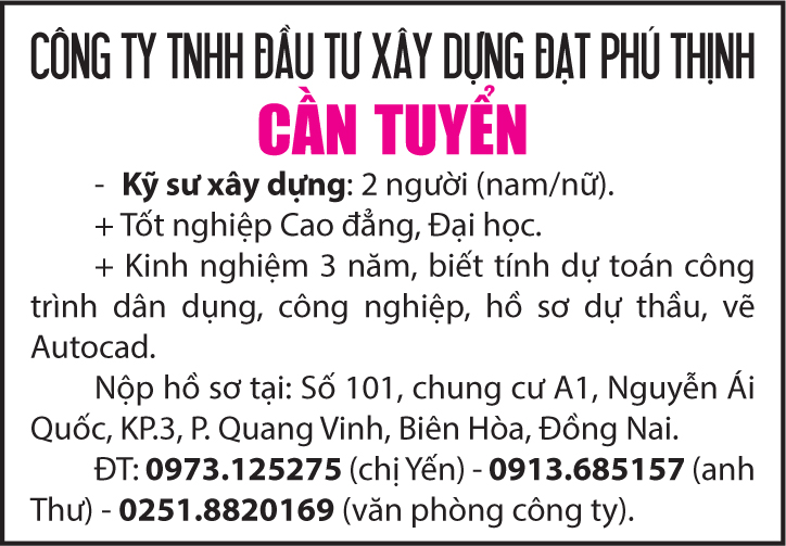 Công ty Đạt Phú Thịnh cần tuyển