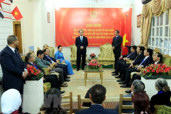 President Tran Dai Quang visits Vietnamese embassy in Egypt