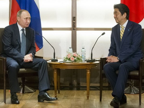 Thủ tướng Nhật Bản Shinzo Abe (phải) và Tổng thống Nga Vladimir Putin trong một cuộc gặp. (Nguồn: EPA)