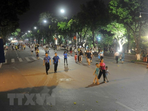 The pedestrian zone around Hoan Kiem Lake in downtown Hanoi 